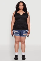 Womens Plus Ruched Notch Neck Tank Top, Black,