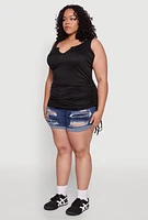 Womens Plus Ruched Notch Neck Tank Top, Black,