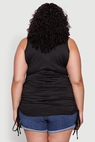 Womens Plus Ruched Notch Neck Tank Top, Black,