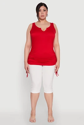 Womens Plus Ruched Notch Neck Tank Top, Red,