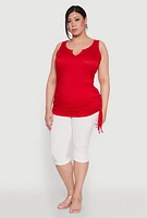 Womens Plus Ruched Notch Neck Tank Top, Red,