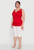 Womens Plus Ruched Notch Neck Tank Top, Red,