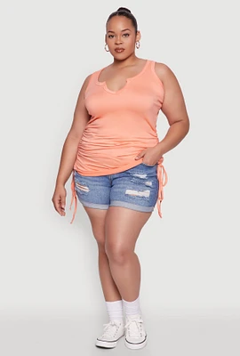 Womens Plus Notch Neck Drawstring Side Tank Top,