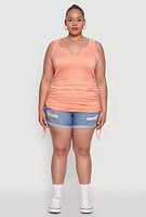 Womens Plus Notch Neck Drawstring Side Tank Top,