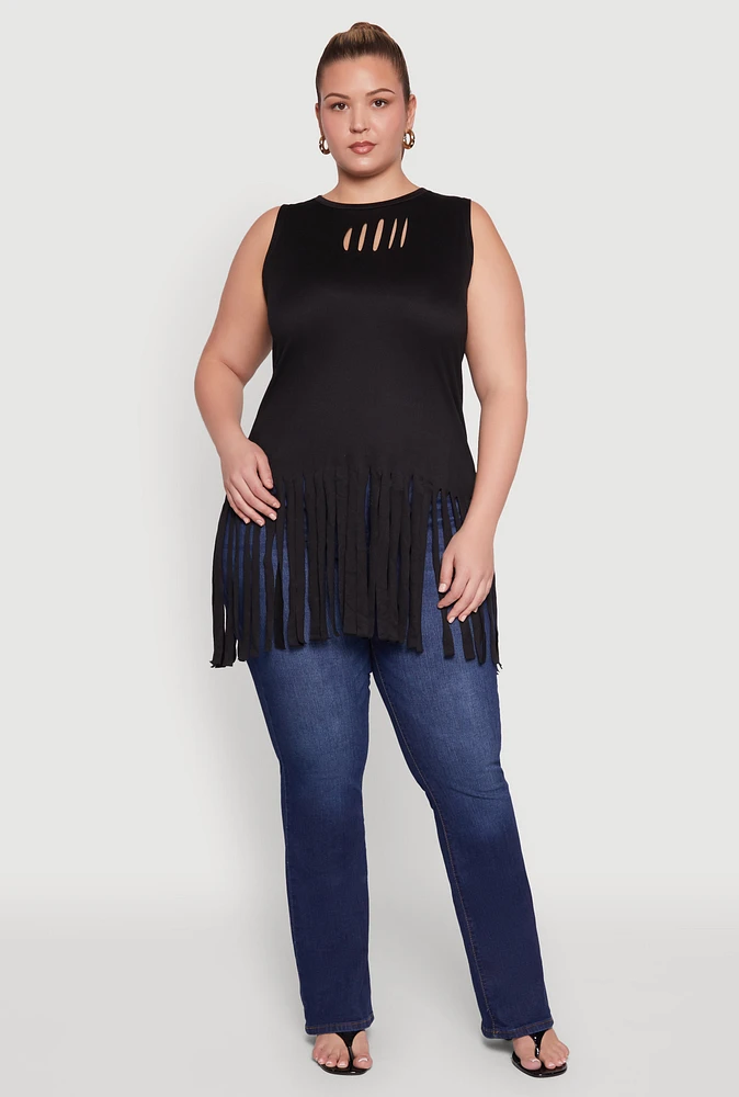 Womens Plus Laser Cut Fringe Hem Tank Top,