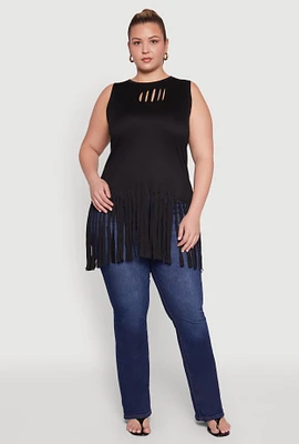 Womens Plus Laser Cut Fringe Hem Tank Top,
