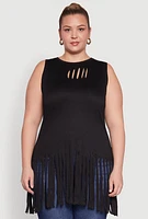 Womens Plus Laser Cut Fringe Hem Tank Top,