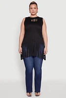 Womens Plus Laser Cut Fringe Hem Tank Top,