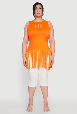 Womens Plus Laser Cut Fringe Hem Tank Top,