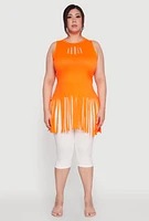 Womens Plus Laser Cut Fringe Hem Tank Top, Orange,