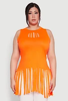 Womens Plus Laser Cut Fringe Hem Tank Top, Orange,