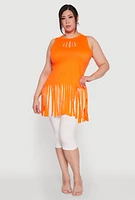 Womens Plus Laser Cut Fringe Hem Tank Top, Orange,