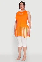 Womens Plus Laser Cut Fringe Hem Tank Top, Orange,
