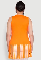 Womens Plus Laser Cut Fringe Hem Tank Top, Orange,