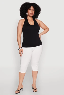 Womens Plus Size Ribbed Knit Seamless Halter Top, Black, Size 3X-4X