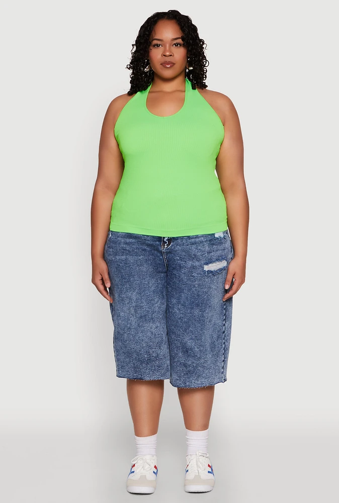 Womens Plus Ribbed Knit Seamless Halter Top,