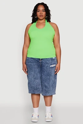 Womens Plus Ribbed Knit Seamless Halter Top,