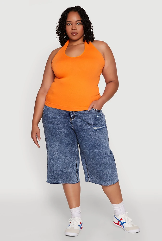 Womens Plus Size Ribbed Knit Seamless Halter Top, Orange, Size 1X-2X