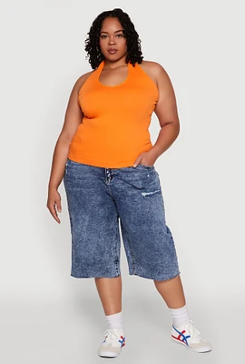Womens Plus Size Ribbed Knit Seamless Halter Top, Orange, Size 1X-2X