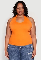 Womens Plus Size Ribbed Knit Seamless Halter Top, Orange, Size 1X-2X