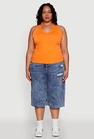 Womens Plus Size Ribbed Knit Seamless Halter Top, Orange, Size 1X-2X