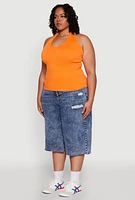Womens Plus Size Ribbed Knit Seamless Halter Top, Orange, Size 1X-2X