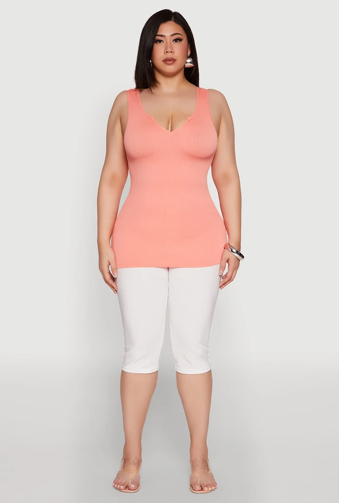 Womens Plus Size Seamless Rib Knit Notch Neck Tank Top, Orange, Size 1X-2X
