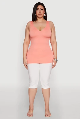 Womens Plus Size Seamless Rib Knit Notch Neck Tank Top, Orange, Size 1X-2X