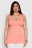 Womens Plus Size Seamless Rib Knit Notch Neck Tank Top, Orange, Size 1X-2X