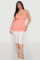 Womens Plus Size Seamless Rib Knit Notch Neck Tank Top, Orange, Size 1X-2X