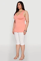 Womens Plus Size Seamless Rib Knit Notch Neck Tank Top, Orange, Size 1X-2X