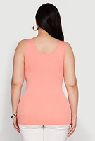Womens Plus Size Seamless Rib Knit Notch Neck Tank Top, Orange, Size 1X-2X