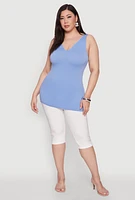 Womens Plus Size Seamless Rib Knit Notch Neck Tank Top, Blue, Size 1X-2X