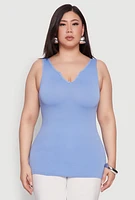 Womens Plus Size Seamless Rib Knit Notch Neck Tank Top, Blue, Size 1X-2X