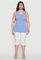 Womens Plus Size Seamless Rib Knit Notch Neck Tank Top, Blue, Size 1X-2X