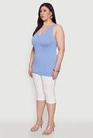 Womens Plus Size Seamless Rib Knit Notch Neck Tank Top, Blue, Size 1X-2X