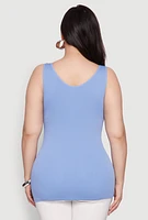 Womens Plus Size Seamless Rib Knit Notch Neck Tank Top, Blue, Size 1X-2X