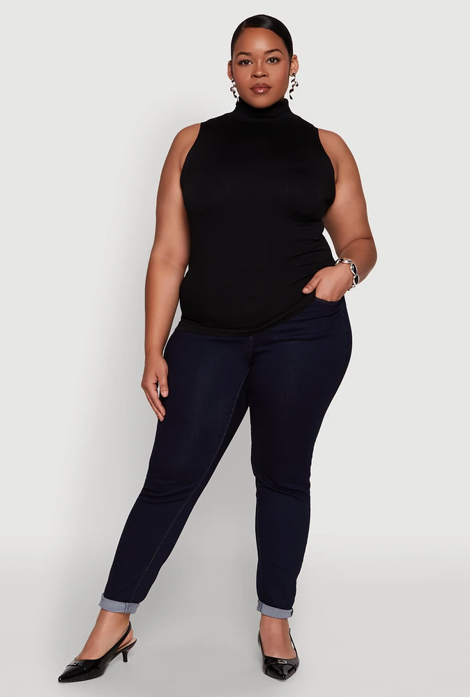 Womens Plus Size Seamless Mock Neck Rib Knit Tank Top, Black, Size 3X-4X