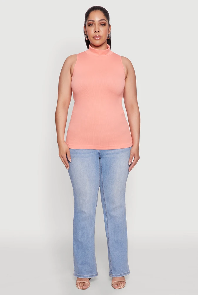 Womens Plus Size Seamless Mock Neck Rib Knit Tank Top, Orange, Size 1X-2X