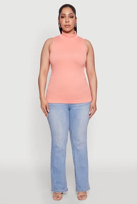 Womens Plus Size Seamless Mock Neck Rib Knit Tank Top, Orange, Size 1X-2X
