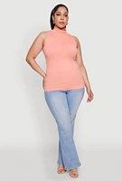 Womens Plus Size Seamless Mock Neck Rib Knit Tank Top, Orange, Size 1X-2X