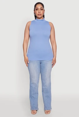 Womens Plus Seamless Mock Neck Rib Knit Tank Top, 1X-2X