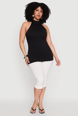 Womens Plus Size Seamless Mock Neck Halter Top, Black, Size 1X-2X