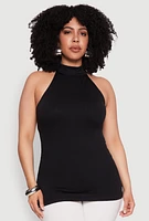 Womens Plus Size Seamless Mock Neck Halter Top, Black, Size 1X-2X