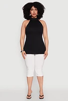 Womens Plus Size Seamless Mock Neck Halter Top, Black, Size 1X-2X