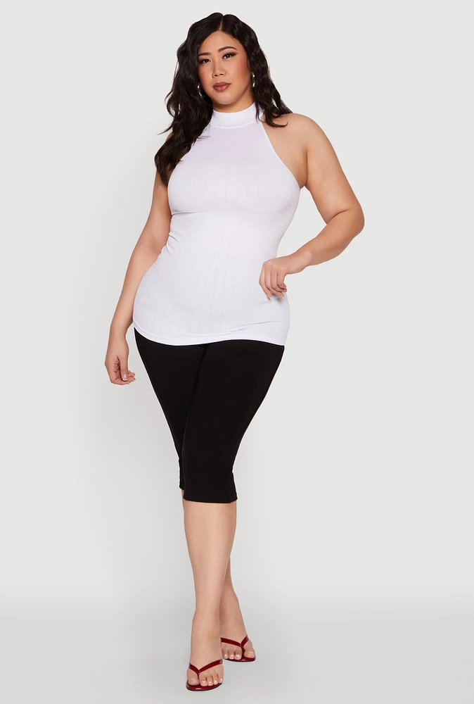 Womens Plus Size Seamless Mock Neck Halter Top, White, Size 3X-4X
