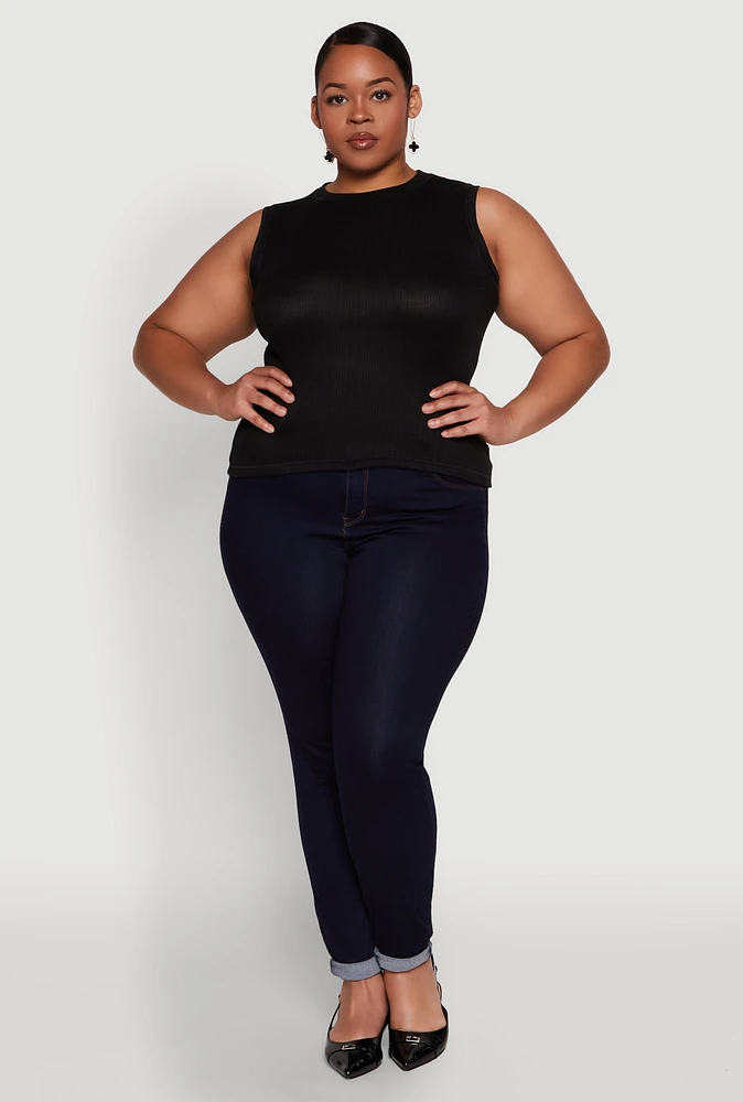 Womens Plus Rib Knit Crew Neck Tank Top,