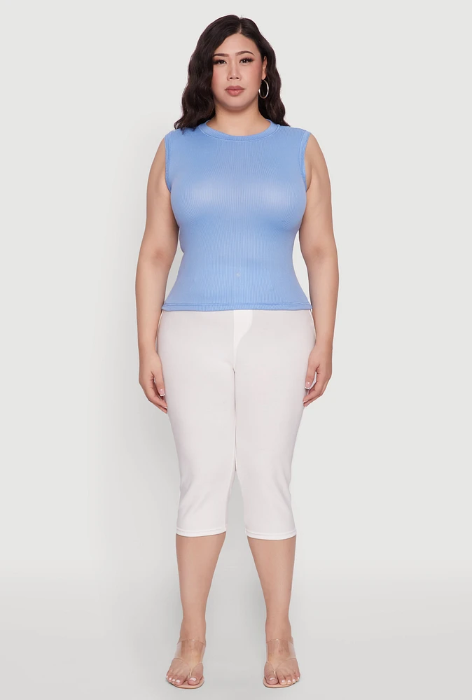 Womens Plus Size Rib Knit Crew Neck Tank Top, Blue, Size 2X