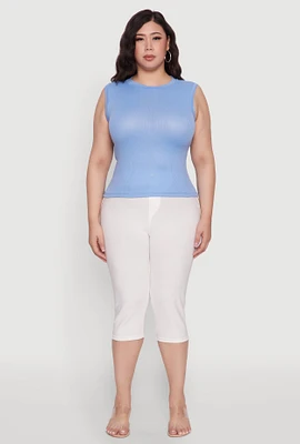 Womens Plus Size Rib Knit Crew Neck Tank Top, Blue, Size 2X