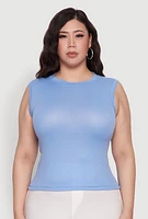 Womens Plus Size Rib Knit Crew Neck Tank Top, Blue, Size 2X